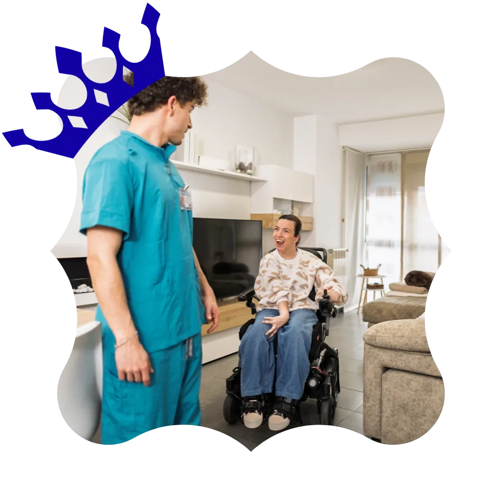 Disabled woman in wheelchair at home with nurse